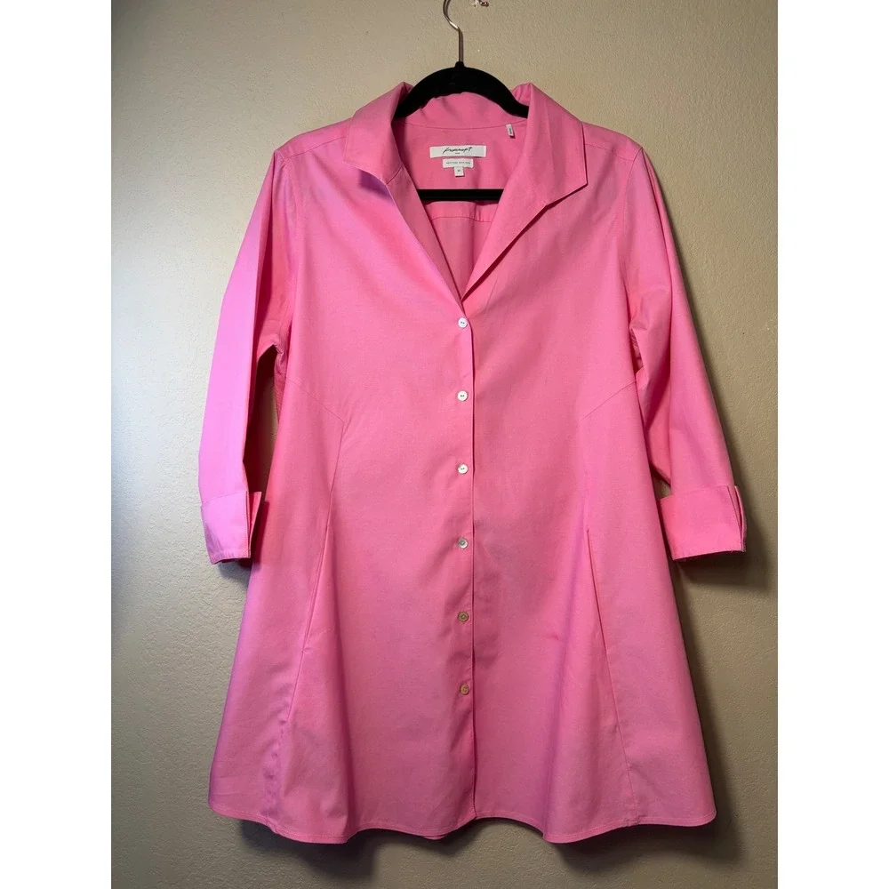 Foxcroft NYC Heritage Non-Iron Pink Cotton Button Down Tunic Shirt Pockets 12